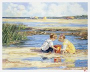 海边拾贝壳的女孩 印象风景人物油画 大芬村油画