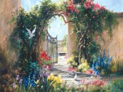 美国童话花园油画02 花园风景油画 鸽子 大芬村油画