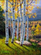 山坡上的白桦树林 风景油画 手绘油画订做