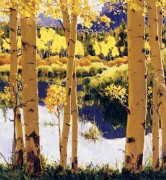 湖边的白桦树林风景 手绘油画 餐厅油画客厅油画
