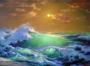 大海海浪油画 碧玉般的海浪 写实风景油画