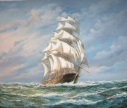 大海帆船油画 一帆风顺 写实海景油画 大芬村油画