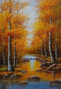 白桦树林油画 河边的树林风景油画 手绘油画