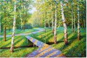 印象中的白桦树林 小桥流水 写实油画 手绘油画 办公室配画