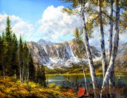 湖边的白桦树林油画 高山流水 手绘油画