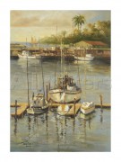 停泊的港湾 印象大海帆船景油画