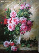 粉红的玫瑰花 古典花卉油画