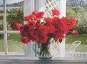 窗台火红的玫瑰油画