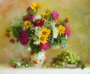 花瓶中的鲜花和葡萄油画 XSH170