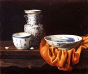 中国古代青花瓷瓶和盘油画 中国静物油画 ZGJW047