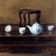 桌上的青花瓷茶壶与茶杯 中国静物油画 ZGJW040