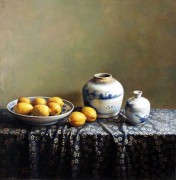 盘中的柠檬与陶瓷罐 中国静物油画 ZGJW037