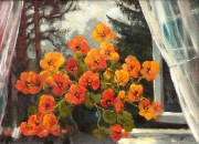 窗台上的草莓花油画 漂亮树林景油画 MCJ044