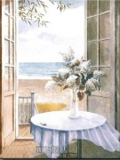 桌上的丁香花油画 门窗景油画 MCJ015