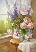 窗台漂亮的粉玫瑰油画 MCJ041