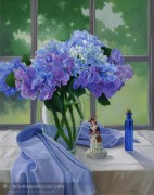 窗边紫色个花儿油画 写实门窗景油画 MCJ033