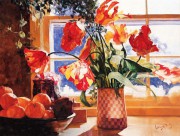 窗户边的花卉与水果油画  MCJ051