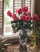 窗台边的红玫瑰油画 门窗景油画 MCJ048