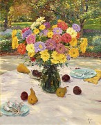 桌上的波斯菊和水果油画 yxh002