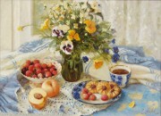 餐桌上漂亮的水果和花儿油画 JWSG001