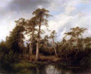 古典风景油画 河边的鹿 HL006