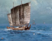 大海帆船油画 手绘油画 办公室油画