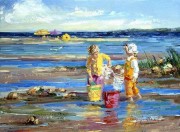 小孩油画 童年油画 海边的小孩 040