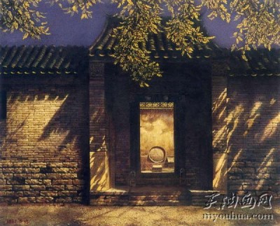中国风格建筑油画 中式庭院 048