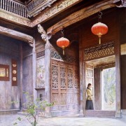 中国风格建筑油画 中式庭院 003