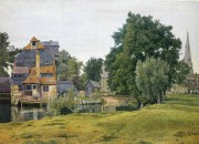 大芬村古典风景油画 河边的房子0368