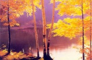 河边的白桦林，大芬村 手绘油画0215
