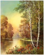 河流小景 古典风景油画 高山流水油画 GSLS051