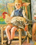 男孩和一只母鸡坐在他的大腿上 拉斐尔·扎巴莱塔（Rafael Zabaleta）