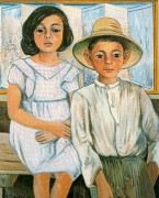 女孩坐和男孩与帽子站 拉斐尔·扎巴莱塔（Rafael Zabaleta）