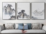 新中式挂画简约山水风景中国风客厅餐厅抽象三联装饰画 大芬村油画
