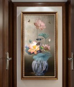 荷花 和和美美 手绘油画新中式玄关竖版花卉