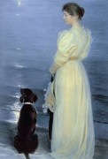 斯卡恩的夏夜，艺术家妻子在沙滩上养狗，1892 年 大芬油画