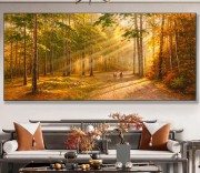 大芬村油画  秋季日落森林风景油画在画布上，抽象原创浪漫鹿丙烯画