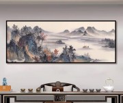 中国山水画 纯手绘油画客厅新中式山水风景横版壁画茶室禅意装饰画国画风挂画