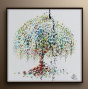 垂柳树 ，美丽的布面油画 发财树油画