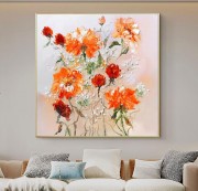 大型原创花卉油画，抽象粉红色花卉画春季花卉 手绘油画  餐厅油画