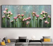 帆布上的大型原创花卉油画，抽象粉红色花卉画春季花卉 手绘油画
