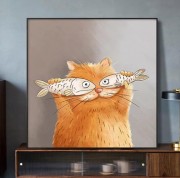 日式搞怪可爱猫咪装饰画创意餐厅年年有鱼手 大芬村油画