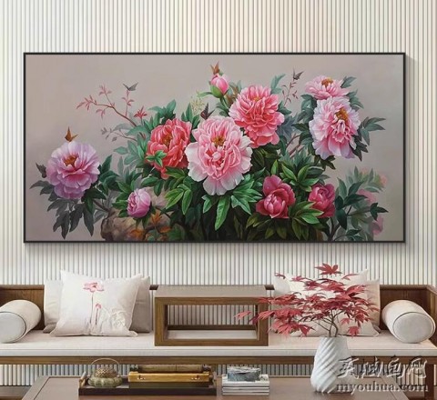 新中式牡丹花纯手绘油画玄关沙发花开富贵 中式风格油画