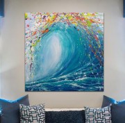 抽象海浪绘画、画布上的纹理波浪绘画、海景画布墙壁艺术  大芬村油画