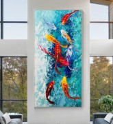 锦鲤鱼艺术，彩色青色艺术鱼，大型绘画，带框墙壁艺术，原创风水抽象艺术 大芬村油画
