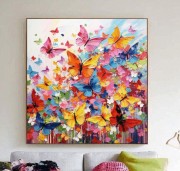 画布上的蝴蝶画抽象彩色绘画花卉画美容墙壁艺术时尚装饰 油画定制