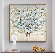 花卉油画画布上抽象白樱桃花画花卉山水画花卉墙壁艺术画 大芬油画