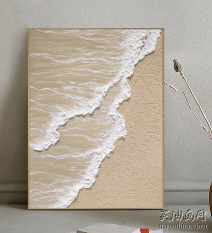 白色海浪纹理画、海滩画、白色纹理抽象画、海洋画、海浪风景画