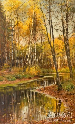 白桦林在秋色中 (P.Mönsted, Birkenwald im Herbstlicht) 佩德·蒙斯特 大芬村油画